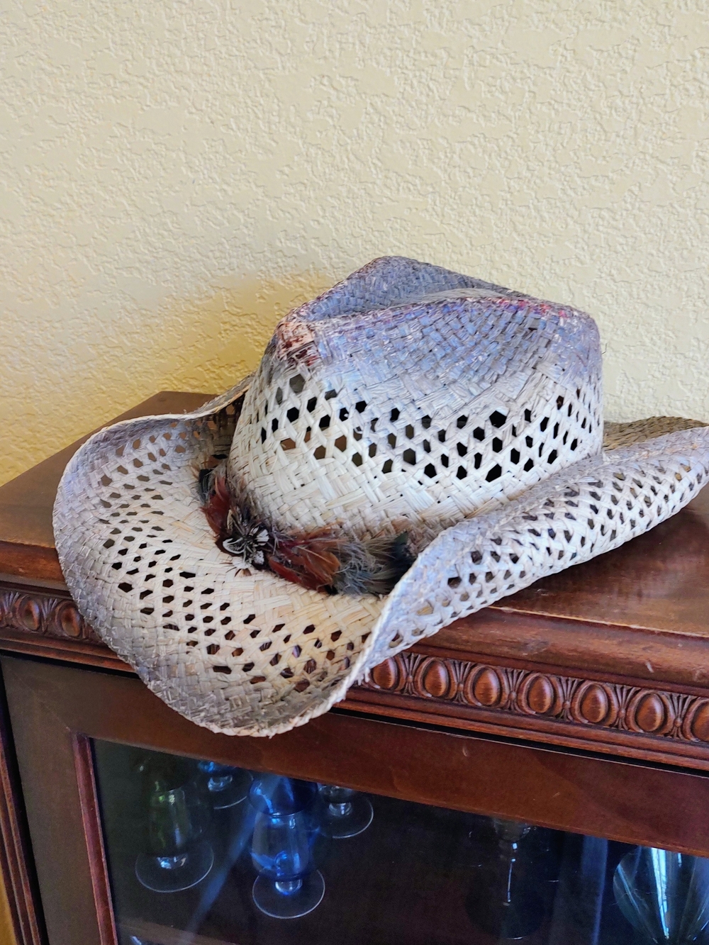 Peter Grimm Beige Straw Cowboy Hat with Multi-Colored Feather Trim